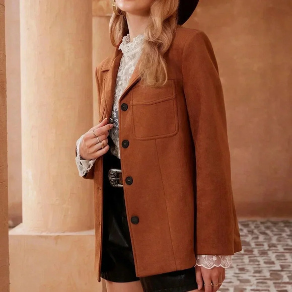 Camel Casual Women's Retro Suede Chest Pocket Design Long Sleeve Blazer Jacket - Picture 3 of 6